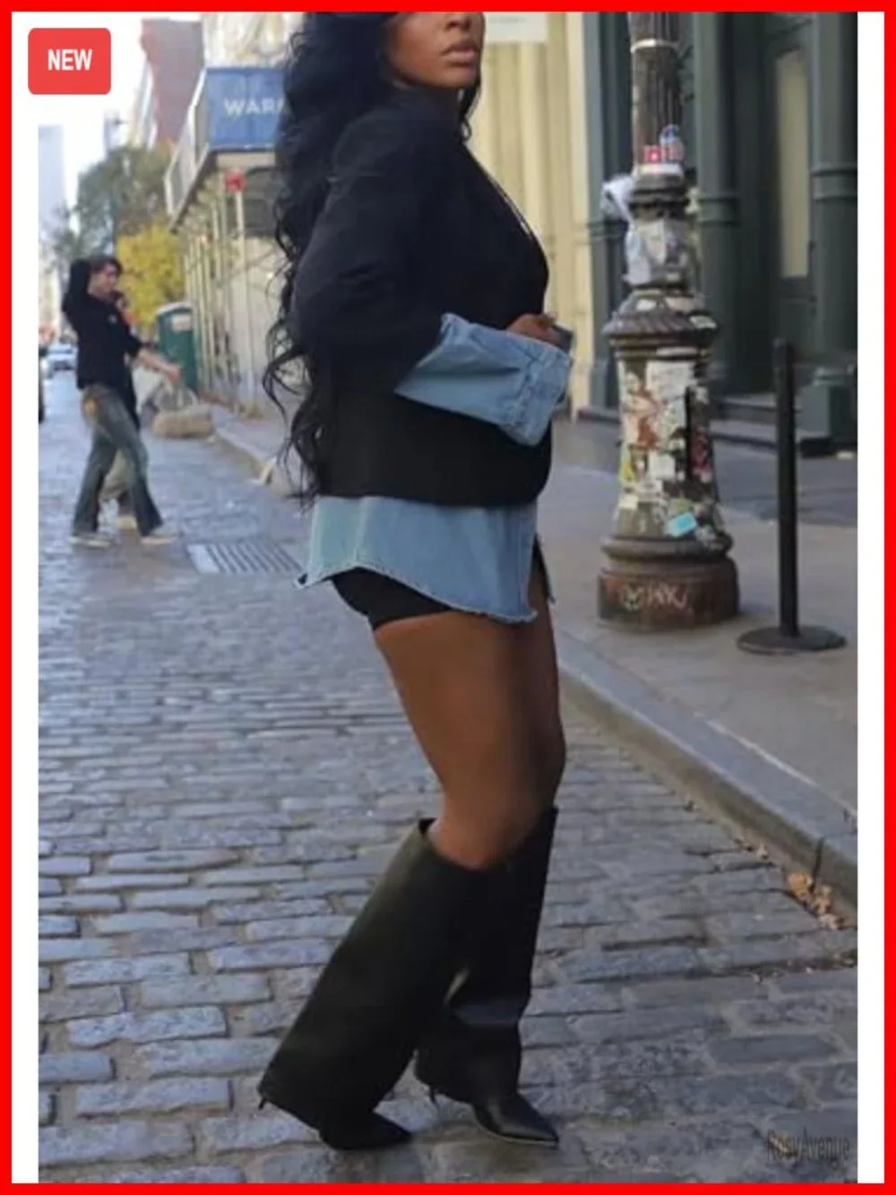 Patchwork Denim Blazer Jacket with Pearls